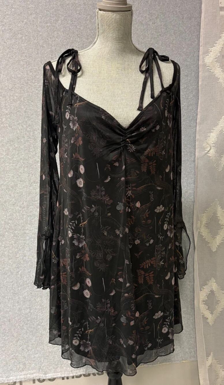 Cosmic Aura Mesh Goth Dress 3X Snake Floral Bell Sleeve Cold Shoulder Plus NWT